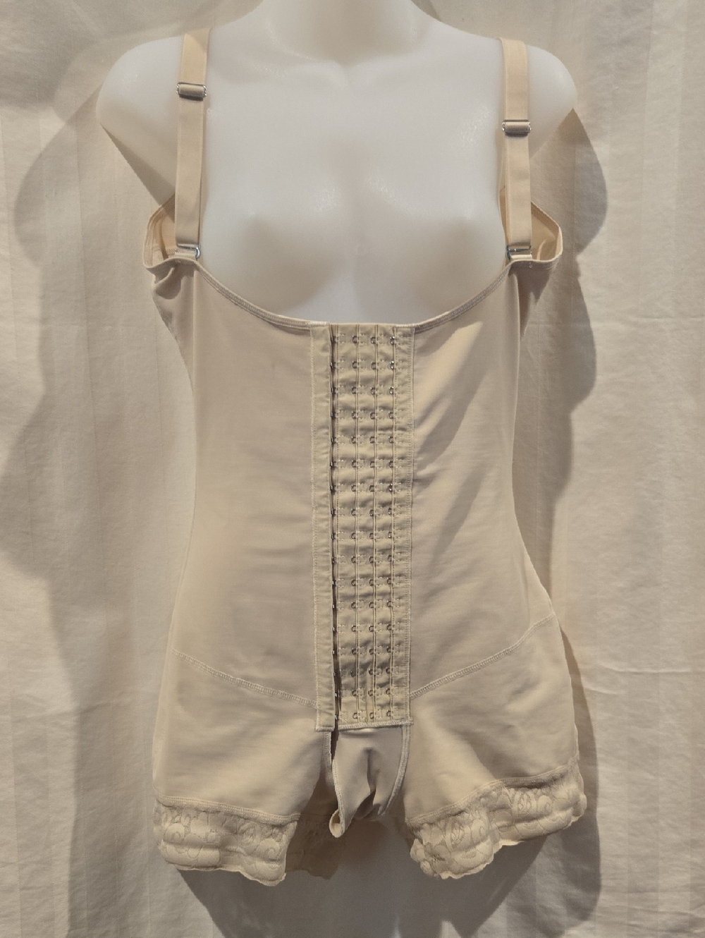 Beige Women’s Shapewear Bodysuit with Hook-and-Eye Front 4 Row Closure.